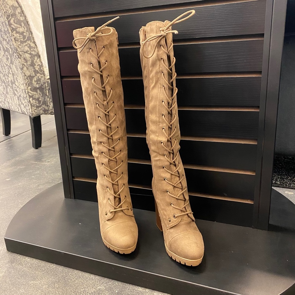 Taupe Lace Up Heeled Boots - Picture 3 of 6